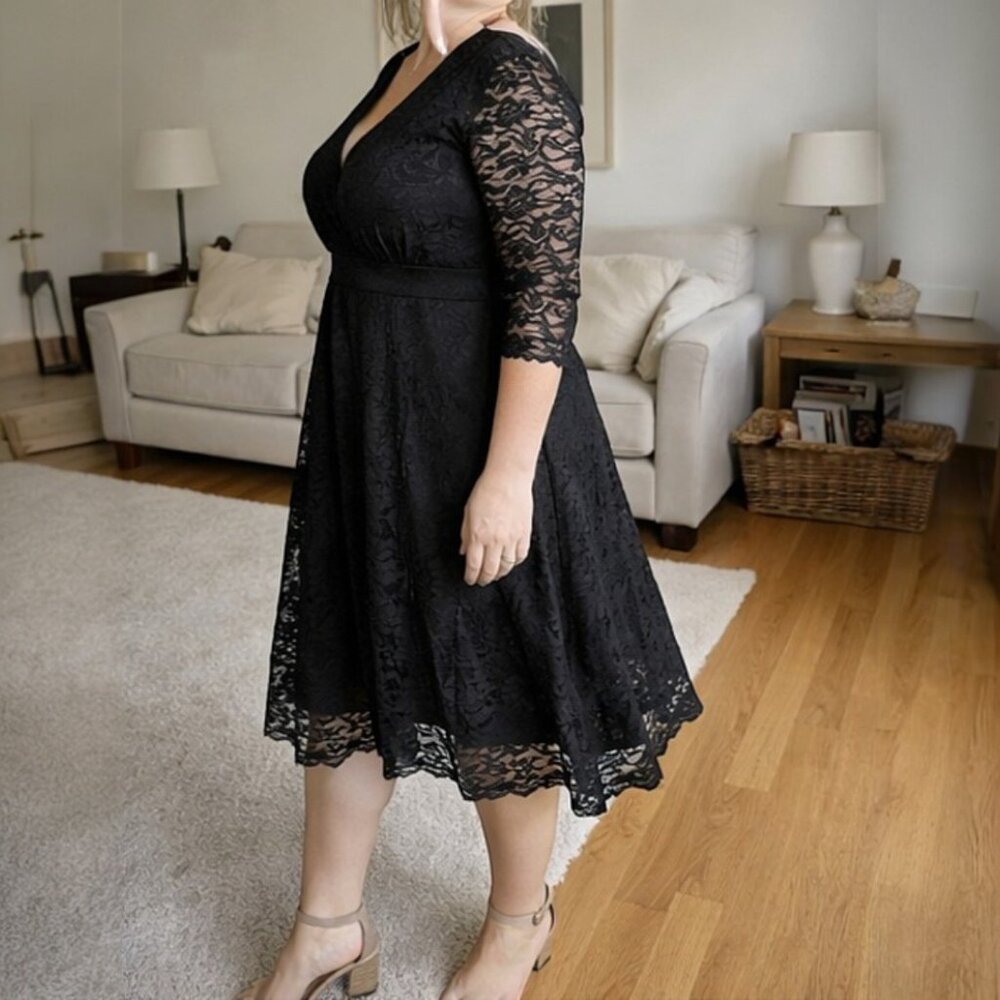 Women's Flattering Plus Size 4XL Black Lace Midi Dress 3/4 Sleeve - Picture 6 of 8